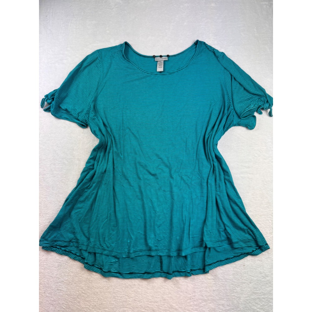 Catherines Womens 3X 26/28W Teal Black Striped Tie Sleeve Knit Top Scoop Neck